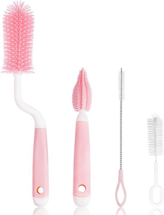 3-in-1 Babyfles- en Speenreinigingsborstel - Siliconen Schoonmaakset voor Flessen en Bekers, 3 Stuks, Roze