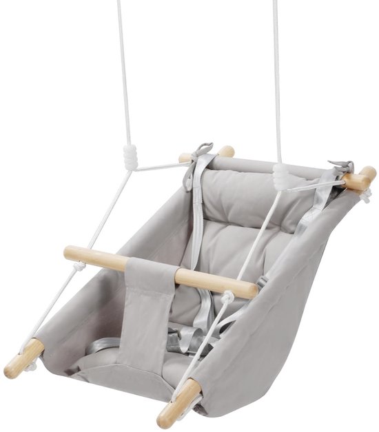 3-in-1 babyschommel met 5-punts riem, ademend katoen en hout, indoor/outdoor, voor huis tuin, tot 50 kg, kinderschommel vanaf 6 maanden, grijs