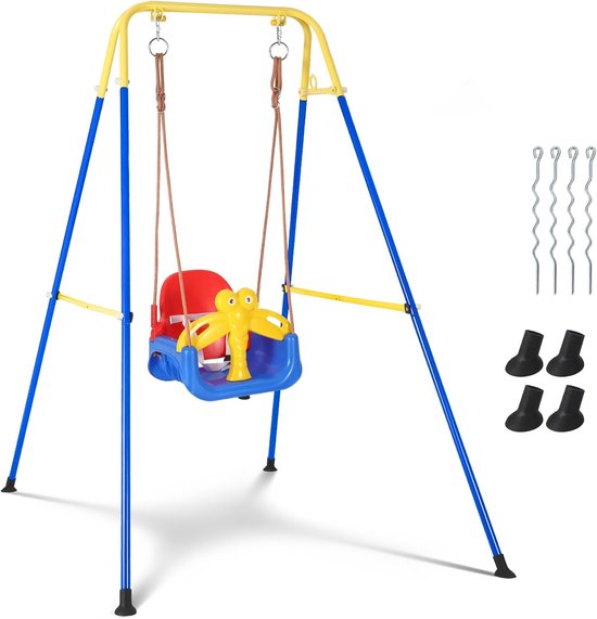 3 in 1 Babyschommel met Metaalstandaard Verstelbare Trapezschommel Touwschommel Set voor Kinderen voor Binnen en Buiten Kleurrijk Tuinspeelgoed van Merkloos
