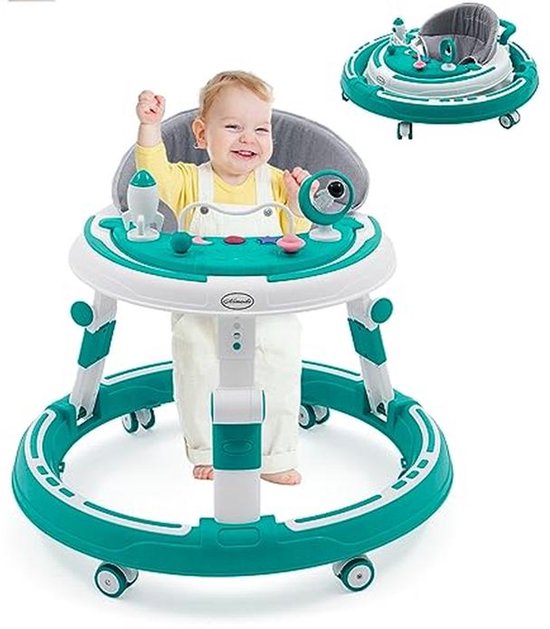 3-in-1 Babywalker met Verstelbare Hoogte en Inklapbaar Design - Rolveilige Loopwagen met 360° Wielen, Eetdienblad en Speelcentrum voor Baby's vanaf 6 maanden - Blauw van Luvion