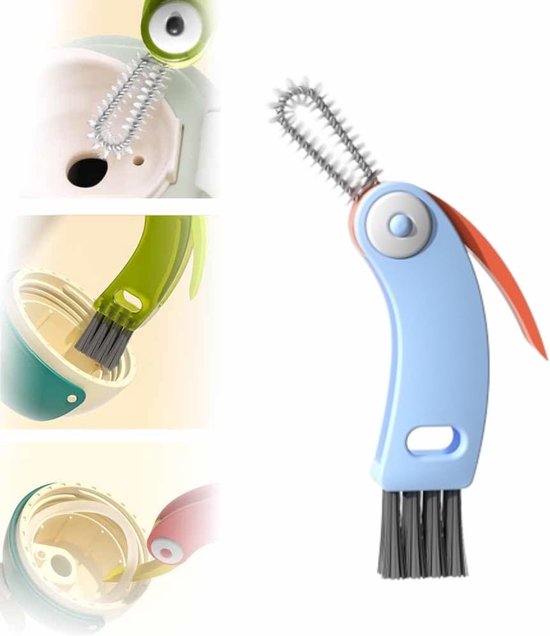 3-In-1 Bekerdeksel Reinigingsborstel Set - Afmeting 12x2.5 Cm - Multifunctionele Flessenborstel Voor Rietjes - Naden En Hoeken - Hittebestendig Kunststof - Blauw