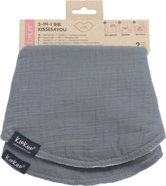 3-in-1 Bib - Grey - XL spuugdoek, slabber en bandana in 1! - 2 paar - katoen - dubbellaags van Fabs World