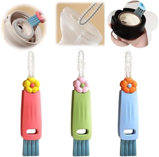 3-in-1 dekselreinigingsborstel, multifunctionele dekselreinigingsborstel voor kleine babyflesjes (3 kleuren)