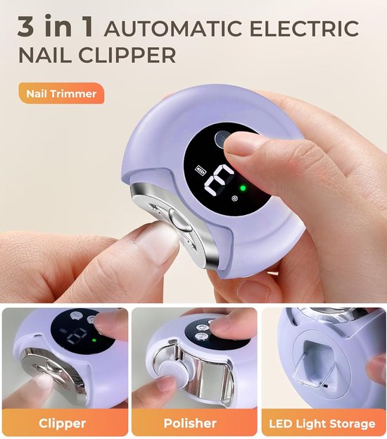 3-in-1 elektrische nagelknipper, 360° rotatie, 3 snelheidsstanden, automatische nageltrimmer met polijstfunctie, opbergvakje voor nageltips en LED-verlichting, oplaadbare veilige trimmer, geschikt voor vrouwen, mannen, baby's en senioren. van Merkloos