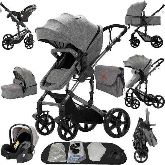 3-in-1 kinderwagen - babywagen met autostoel - verstelbare rugleuning - veiligheidsharnas - luxe uitvoering - grijs