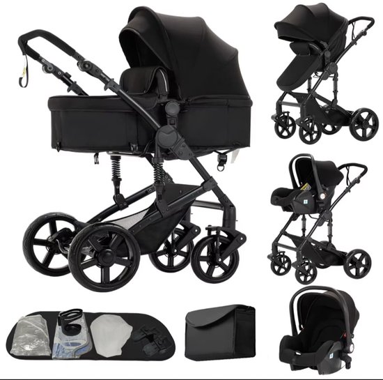3-in-1 kinderwagen - babywagen met autostoel - verstelbare rugleuning - veiligheidsharnas - luxe uitvoering - zwart