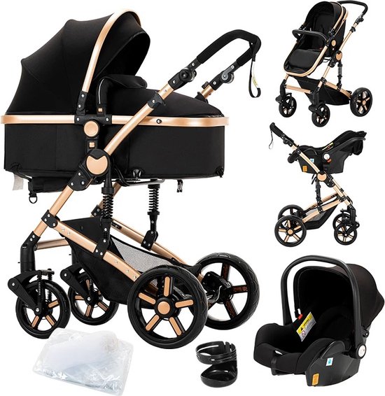 3 In 1 Kinderwagen - Luxe Buggy - Baby Autostoel - Inclusief Accessoires - Zwart / Goud - 42x45x103 cm.