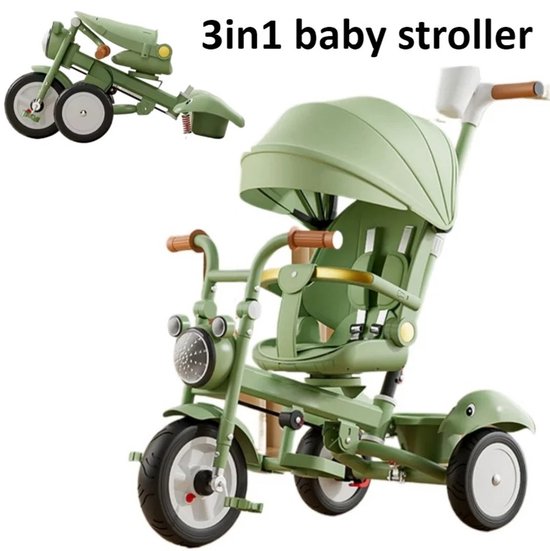 3 in 1 kinderwagen - Met zitje - Met fiets - Buggy kinderwagen - 6 maanden tot 4 jaar - Loopfiets - Driewieler - Kind - Groen van Little World