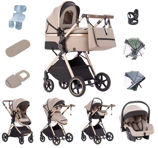3-in-1 Kinderwagen - Reisbuggy - Babywagen - Inclusief Autostoel - Lichtgewicht & Inklapbaar - Beige van Merkloos