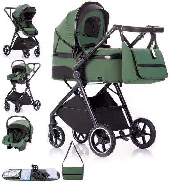 3-in-1 Kinderwagen - Reisbuggy - Babywagen - Inclusief Autostoel - Lichtgewicht & Inklapbaar - Groen van Merkloos