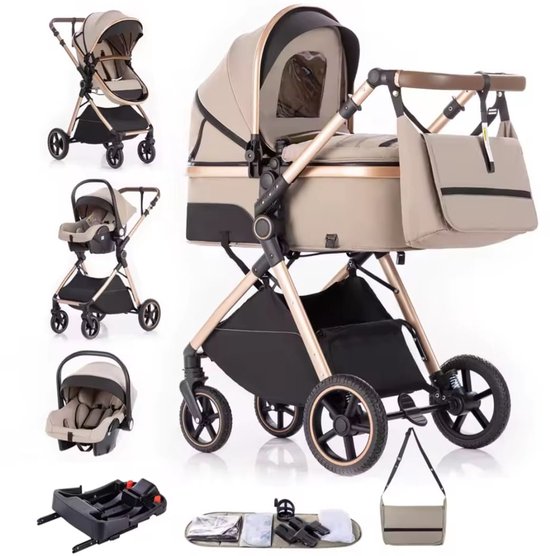 3-in-1 Kinderwagen - Reisbuggy - Babywagen - Inclusief Autostoel - Met Isofix Base - Beige van Merkloos