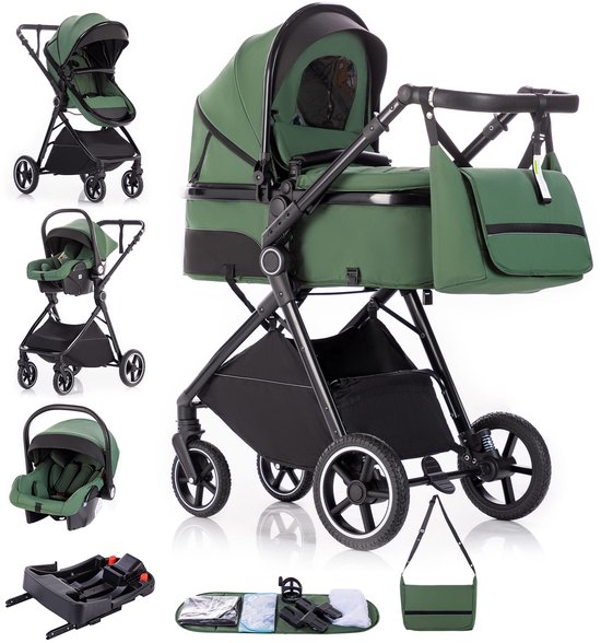 3-in-1 Kinderwagen - Reisbuggy - Babywagen - Inclusief Autostoel - Met Isofix Base - Groen van Merkloos