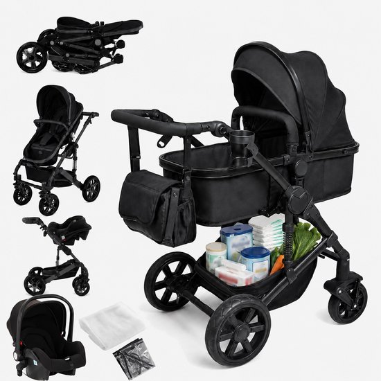 3-in-1 kinderwagen reissysteem – Kinderwagen en buggy met autostoeltje – Lichtgewicht, opvouwbaar en compact – Schokdempende wielen – Omkeerbare zitting – Verstelbare rugleuning en duwstang – UV-bescherming – Ruime opbergmand - Zwart
