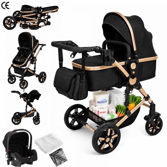 3-in-1 kinderwagen reissysteem – Kinderwagen en buggy met autostoeltje – Lichtgewicht, opvouwbaar en compact – Schokdempende wielen – Omkeerbare zitting – Verstelbare rugleuning en duwstang – UV-bescherming – Ruime opbergmand