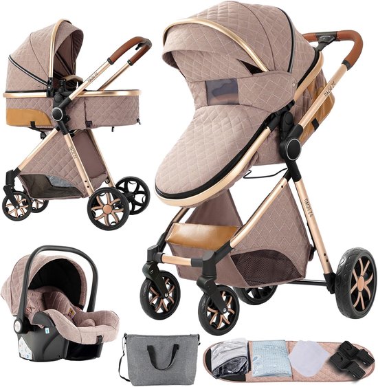 3-in-1 Kinderwagen voor Pasgeborenen met Omgekeerde Modus en Aluminium Frame