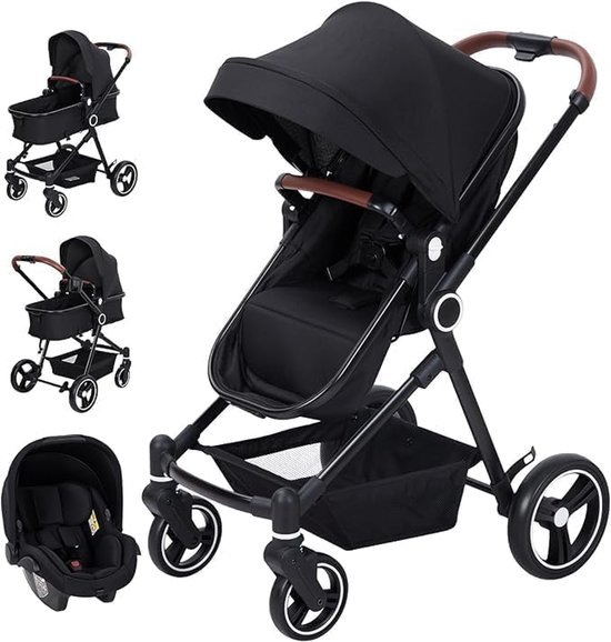 3-in-1 Kinderwagenset – Buggy met reiswieg en autostoeltje – Vanaf de geboorte tot 26 kg – Met één hand inklapbaar – Verstelbare rugleuning – Omkeerbare zitting – Zwart van Merkloos