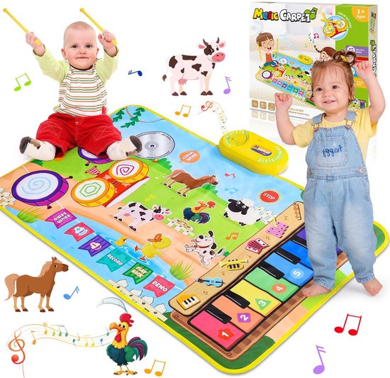 3 in 1 Muziekmat - Kinderspeelgoed 1 2 3 Jaar - Dansmat - Pianomat - boerderijdier touch speelkleed - Pianoklavier & Drumset met 2 Drumstokken - Cadeau Vroeg Educatief Muzikaal Leerspeelgoed - meisjes en jongens - Babyspeelgoed van Playfun