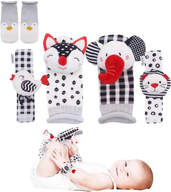 3-in-1 Rammelsokken en Polsbanden voor Baby's - Schattige Dierensokken met Rammelaars voor Kinderen van 0 tot 12 Maanden