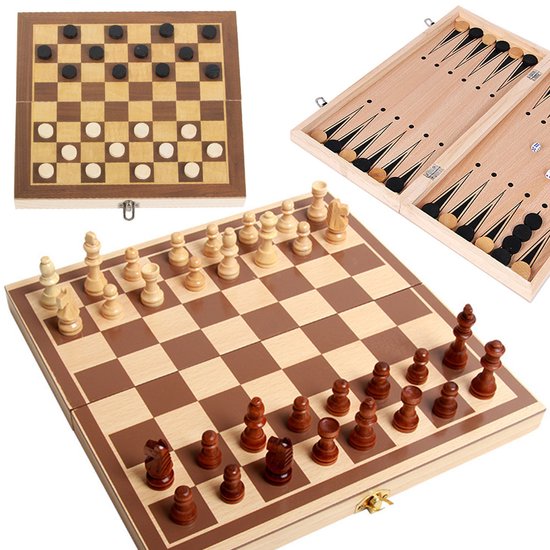 3-in-1 Schaakspel Hout – Schaken, Dammen & Backgammon Set – Opvouwbaar Bordspel