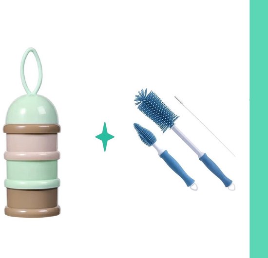 3-Laags Baby Melkpoedertoren Groen + Blauwe Flessenborstel - melkpoeder doseerdoosjes - babyvoeding bewaarbakjes BPA Vrij - 1 Stuk van Merkloos