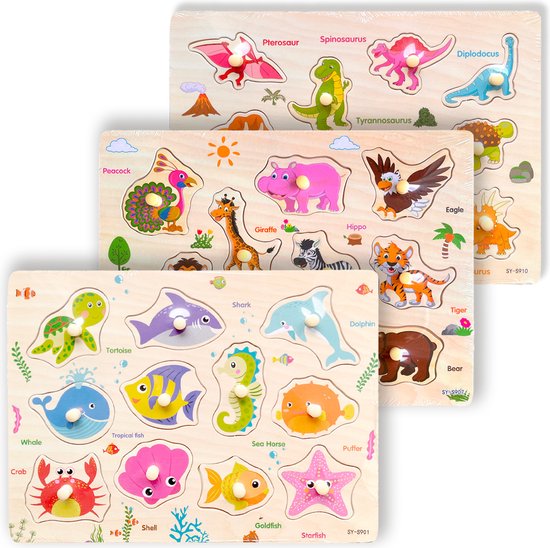 3 Legpuzzels: Dinosaurussen + Landdieren + Zeedieren - Houten puzzels voor kinderen 1 jaar / 2 jaar / 3 jaar - Educatief speelgoed - Cadeau jongen / meisje - Baby / Dreumes / Peuter - Traktatie - Uitdeelcadeaus van Merkloos