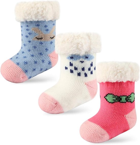 3 Paar Baby Sokken Anti-Slip met Sherpa Voering - Warme Slofjes voor Jongens en Meisjes