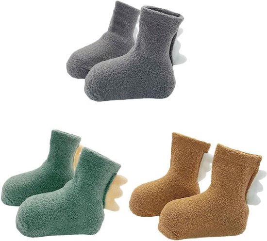 3 Paar Baby Wintersokken Antislip Dikke Thermische Sokken met 3D Dinosaurus voor Jongens en Meisjes