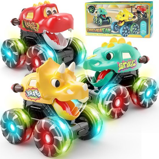 3-pack dinosaurus auto speelgoed - Kinderen Peuters - Lichtgevende wielen Monster Truck speelgoed - Voor jongens van 2, 3, 4, 5, 6, 7 en 8 jaar oud Kerst verjaardagscadeaus - Press & Go Dino Trucks speelgoed van Merkloos