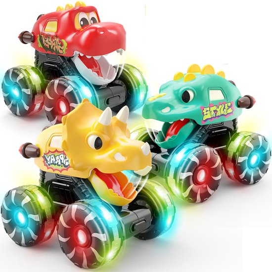 3-pack dinosaurus auto speelgoed - Kinderen Peuters - Lichtgevende wielen Monster Truck speelgoed - Voor jongens van 2, 3, 4, 5, 6, 7 en 8 jaar oud Kerst verjaardagscadeaus - Press & Go Dino Trucks speelgoed