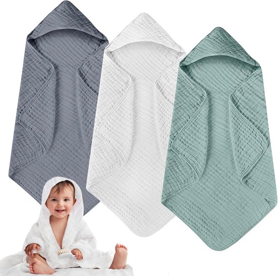 3-Pack Hydrofiele Baby Badhanddoeken met Capuchon (80x80 cm) - 100% Zacht Katoen Mousseline