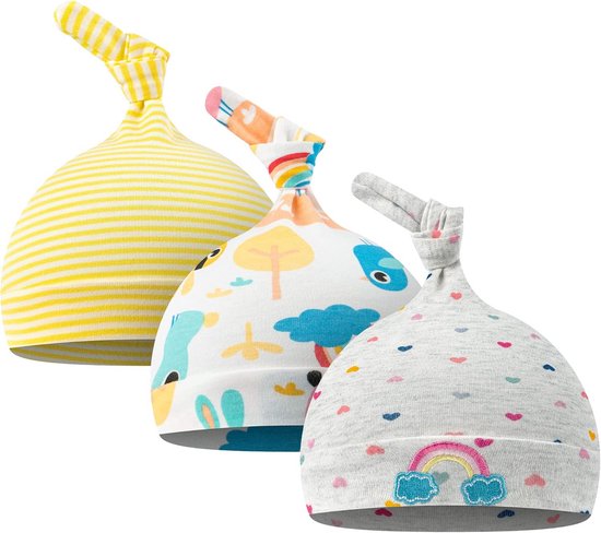 3-Pack Katoenen Knoop Mutsen voor Pasgeboren Baby (0-6 Maanden) - Verstelbaar en Zacht van Merkloos
