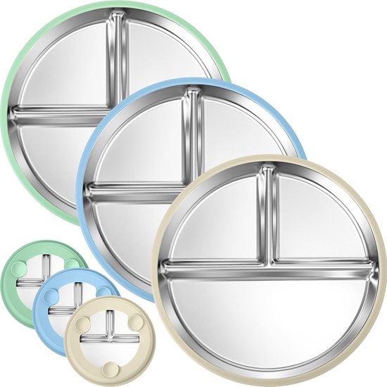 3-pack roestvrijstalen peuterborden - met zuignappen - 23 × 23 × 2,3 cm - Peuterborden met vakken - met siliconen hoezen - Antislip 2-in-1 van Merkloos