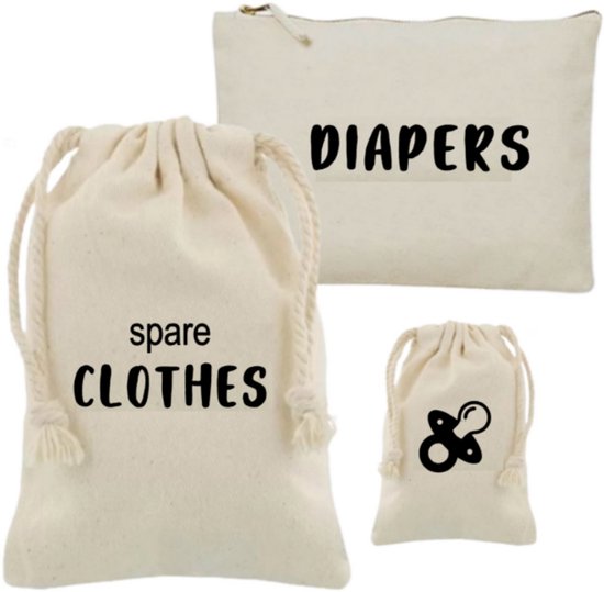 3-piece set | Spare clothes | Diapers | Pacifier | Storage bags | To store | Daycare | To take along | Organize | Baby | Newborn | Diaper pouch | Soother | Cotton bag | Storage bag | Cotton bag | Storage case | Organizer van Merkloos