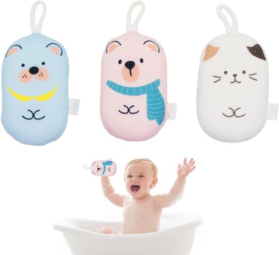 3 pieces baby bath sponge, baby sponge, natural sponge for newborns, cute shapes for bathing children and babies, shape: bear, cat, 3 pieces van Merkloos