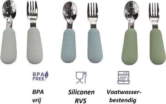 3 Setjes - Baby Bestekset - Vork en Lepel RVS - Kinderbestekset - Blauw Grijs Groen van Merkloos