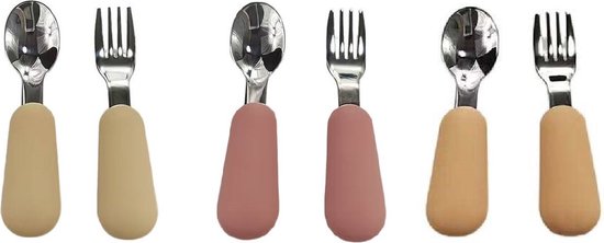 3 Setjes - Baby Bestekset - Vork en Lepel RVS - Kinderbestekset - Roze Beige van Little Champ