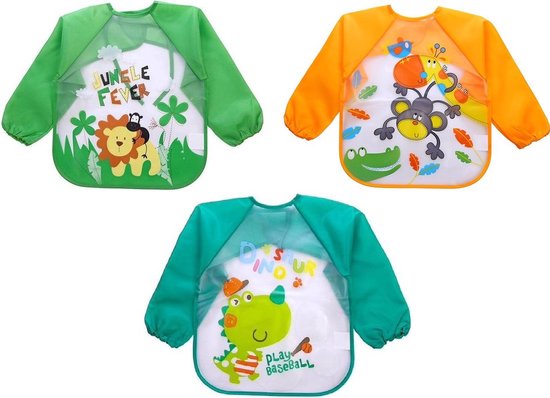3 Stuks - Baby Slabbetjes met Mouwen - Aapje Leeuw Giraf - Waterproof - Waterdicht - Slab - Knutselschort - Leeftijd: 9 maanden - 2,5 jaar van Merkloos