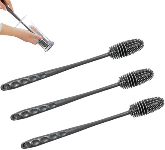 3-stuks Bekerreinigingsborstel - Siliconen bekerreinigingsborstel - Waterflessenborstel met lange steel - Waterflessenreiniger - Flessenborstel - 360° flexibele - 31,5 cm - Geschikt voor flessen, glaswerk, thermosflessen en keukenpotten - Grijs van Merkloos