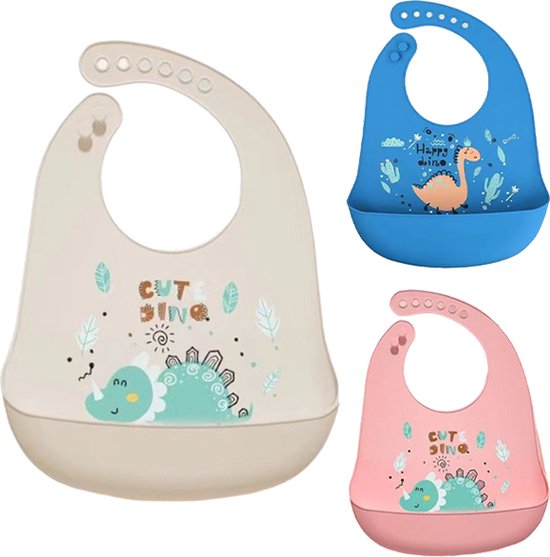 3 stuks Dino Slab - Siliconen Slabbetje - Baby Slabber - Opvangbakje - BPA vrij - Verstelbaar - Dinosaurus van Little Dutch
