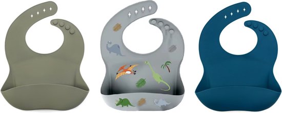 3 Stuks - Siliconen Slabbetjes met Opvangbak - Dinosaurus Groen Blauw van Bear & Care