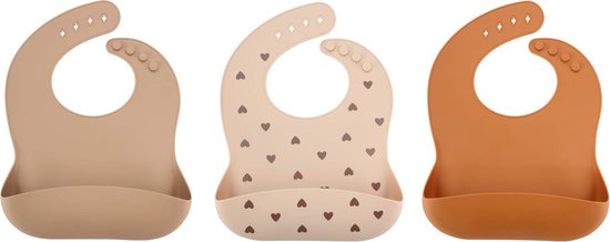 3 Stuks - Siliconen Slabbetjes met Opvangbak - Hartjes Beige Roestbruin van Smoosie
