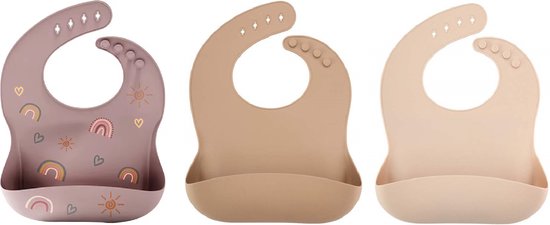 3 Stuks - Siliconen Slabbetjes met Opvangbak - Regenboogjes Taupe Beige van Ninnilou