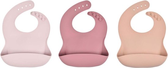3 Stuks - Siliconen Slabbetjes met Opvangbak - Roze Beige van Little Dutch