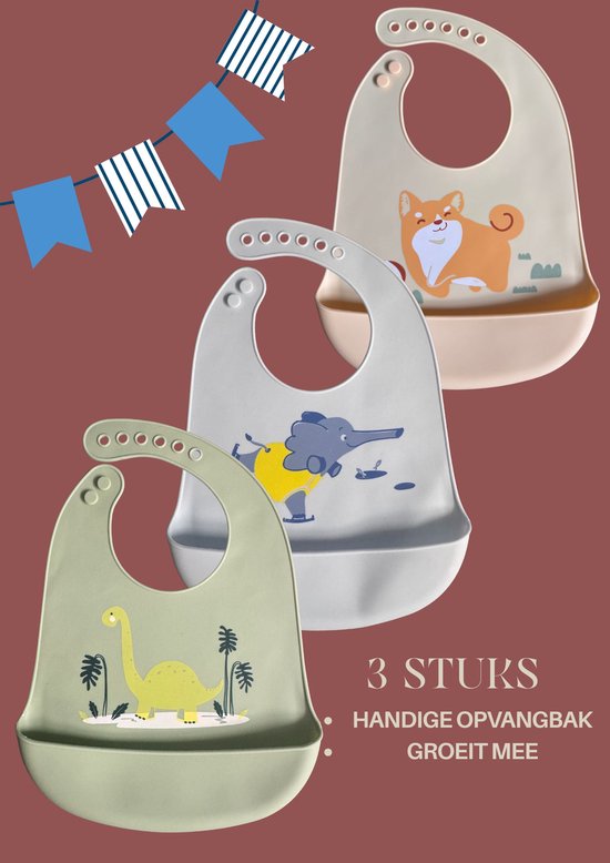 3 stuks Slabbetjes met Opvangbakje - Siliconen Slabber Baby Peuter - Verstelbaar en Waterproof - Kraamcadeau van Joyful Baby