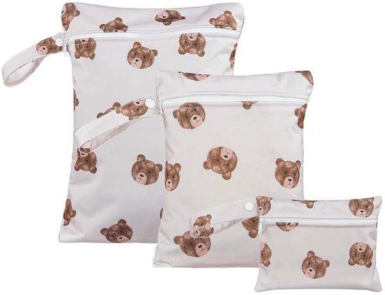 3 Stuks Waterdichte Opbergtassen met Beertjesprint - Wetbag - Luiertas voor Baby en Kind - Herbruikbare Opbergzak met Ritssluiting en Lus - Ideaal voor Natte Kleding, Luiers, Zwemspullen en Reizen van Merkloos