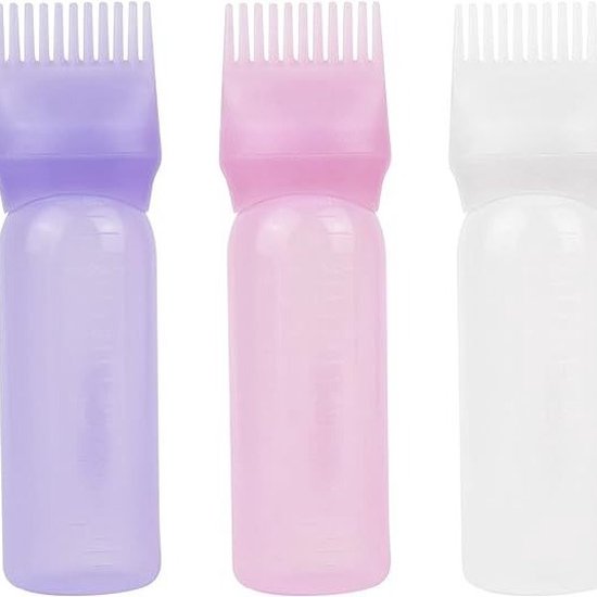 3 stuks - wit - paars - roze - Root Comb Applicator Flessen Plastic Navulbare Flessen Haarverf Flessen met Gegradueerde Schaal voor Kapsalon - Applicatorflesjes haar - 16*4.5 cm - 160 ml - plastic - haarkleurmiddel penseelfles - kleurstyling gereedsc van Merkloos