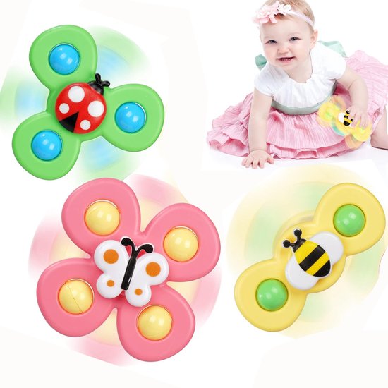 3 Stuks Zuignap Spinner - Draaispeelgoed met zuignap, handspinner, badspeelgoed met cartoonfiguurtjes, waterspeelgoed, sensorisch speelgoed voor baby's, fidget-speelgoed (cadeau voor 1-6 jaar)