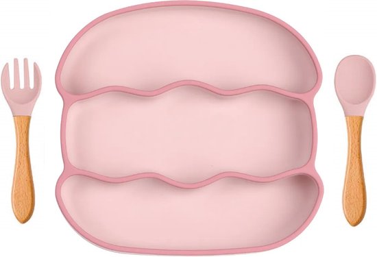 3-Vaks Babybord Geribbeld - met Houten Bestek - Roze van Kleine Chef