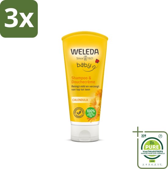 3 x WELEDA - 2-in-1 Shampoo & Douchecrème - Baby & Kind - Calendula - Voor gevoelige huid - 200 ml - Grootverpakking - Baby Shampoo - Baby Douchecrème - Biologische Babyproducten - Calendula Baby - Zachte Babyverzorging van Merkloos