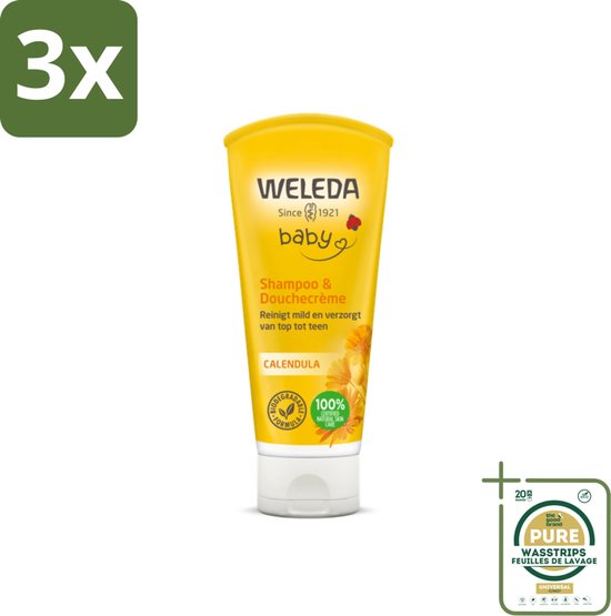3 x WELEDA - 2-in-1 Shampoo & Douchecrème - Baby & Kind - Calendula - Voor gevoelige huid - 200 ml - Grootverpakking - Baby Shampoo - Baby Douchecrème - Gevoelige Huid - Calendula Extract - Natuurlijke Verzorging van WELEDA